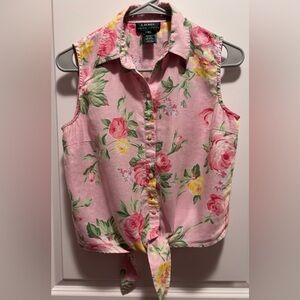 Lauren Ralph Lauren Linen Sleeveless Floral tie Blouse pink button down